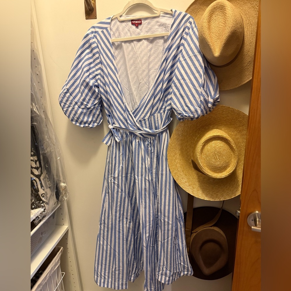 STAUD Blue and White Midi Dress